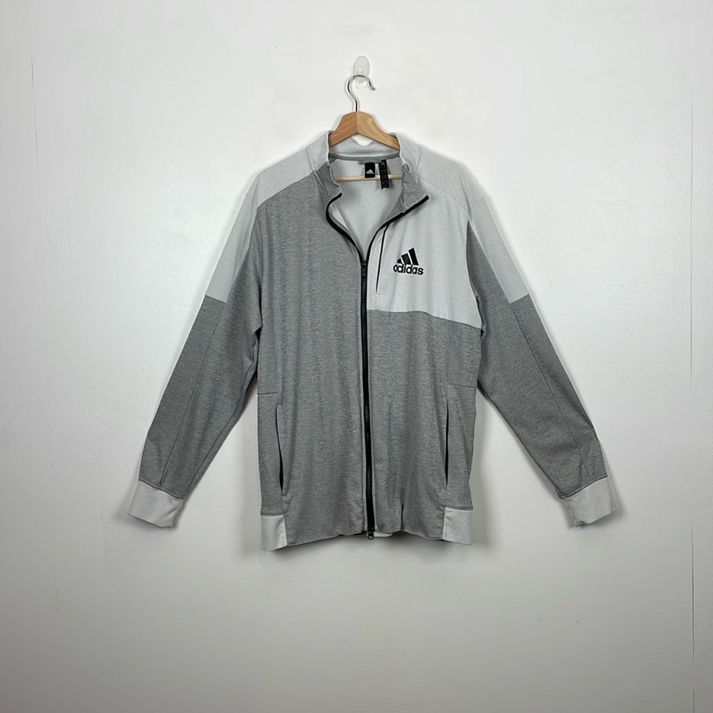 Adidas Long Sleeve Sweat Jacket Mens XL Full Zip 2 Zip Pockets Stretch Gray
